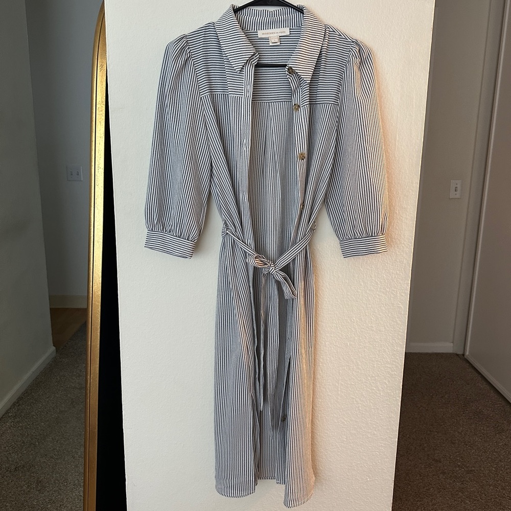 Monteau Blue & White Striped Dress with Buttons and Tie Detail S